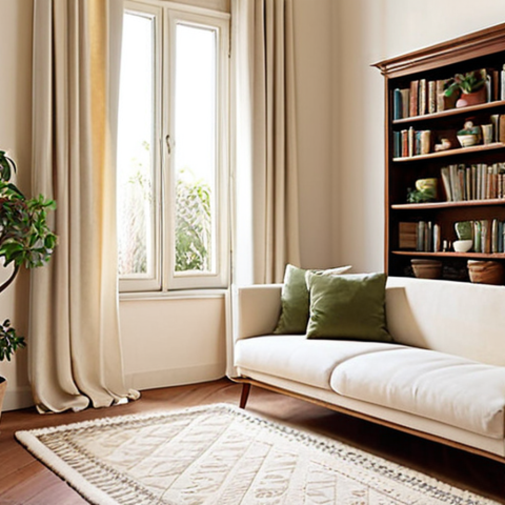 **

"A cozy Italian living room bathed in soft, natural light. A solid walnut bookshelf stands against a cream-colored wall, adorned with potted succulents and trailing ivy. A plush, off-white wool rug covers the floor, complementing linen curtains. The overall atmosphere is serene and inviting, emphasizing natural materials and neutral tones."

**