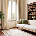 **

"A cozy Italian living room bathed in soft, natural light. A solid walnut bookshelf stands against a cream-colored wall, adorned with potted succulents and trailing ivy. A plush, off-white wool rug covers the floor, complementing linen curtains. The overall atmosphere is serene and inviting, emphasizing natural materials and neutral tones."

**