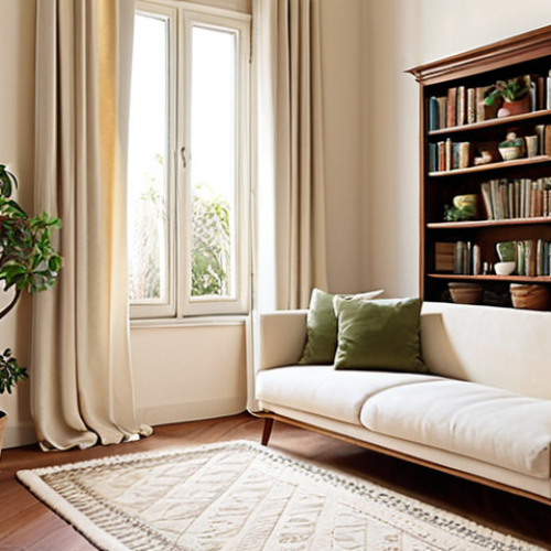 Home 11 **
"A cozy Italian living room bathed in soft, natural light. A solid walnut bookshelf stands against a cream-colored wall, adorned with potted succulents and trailing ivy. A plush, off-white wool rug covers the floor, complementing linen curtains. The overall atmosphere is serene and inviting, emphasizing natural materials and neutral tones."
**