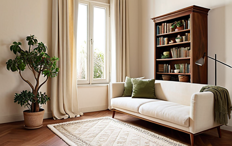 **
"A cozy Italian living room bathed in soft, natural light. A solid walnut bookshelf stands against a cream-colored wall, adorned with potted succulents and trailing ivy. A plush, off-white wool rug covers the floor, complementing linen curtains. The overall atmosphere is serene and inviting, emphasizing natural materials and neutral tones."
**