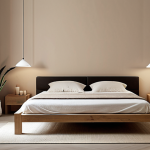 **A serene bedroom interior in Italy, featuring neutral color palettes, natural materials like wood and linen, soft indirect lighting from lamps, and minimalist furniture. Add some potted plants. The overall atmosphere should be calming and promote relaxation, reflecting mindful design principles.**