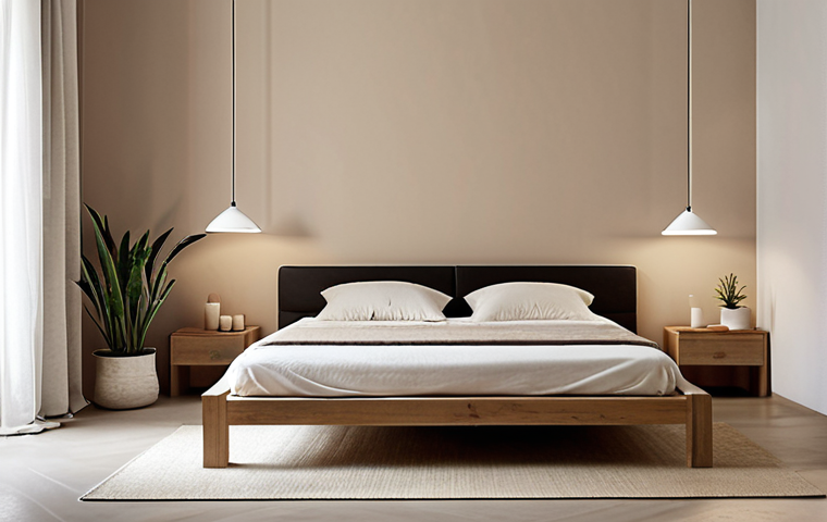 **A serene bedroom interior in Italy, featuring neutral color palettes, natural materials like wood and linen, soft indirect lighting from lamps, and minimalist furniture. Add some potted plants. The overall atmosphere should be calming and promote relaxation, reflecting mindful design principles.**