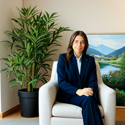 Calming Office Corner**

"A professional businesswoman in a modest business suit, sitting in a comfortable armchair in a modern office corner, surrounded by calming artwork featuring soft colors and natural landscapes, a potted plant nearby, warm lighting, fully clothed, appropriate attire, safe for work, perfect anatomy, natural proportions, professional photography, high quality, family-friendly."

**