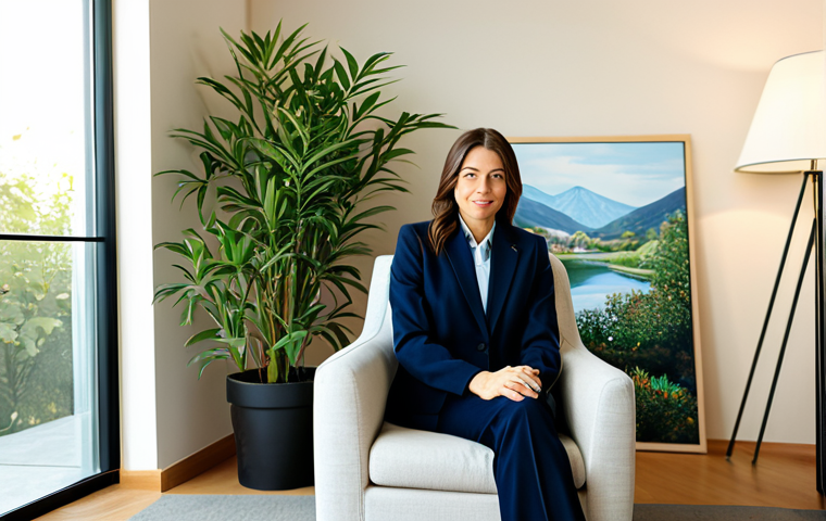 Calming Office Corner**

"A professional businesswoman in a modest business suit, sitting in a comfortable armchair in a modern office corner, surrounded by calming artwork featuring soft colors and natural landscapes, a potted plant nearby, warm lighting, fully clothed, appropriate attire, safe for work, perfect anatomy, natural proportions, professional photography, high quality, family-friendly."

**