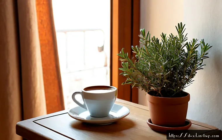 Home 17 마인드풀 홈 카페 만들기 아이디어 - Photorealistic mindful home café corner in an Italian apartment, sunlit wooden table beside a window...